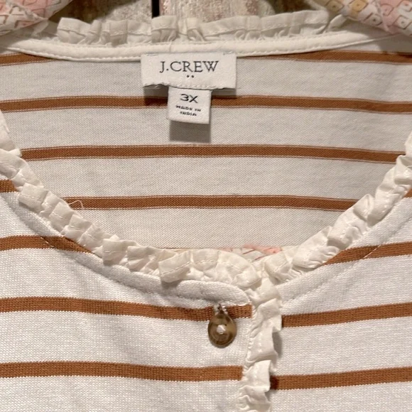 EUC J.Crew Factory Tan and White Striped Ruffle Neck Henley /3X/ - Picture 2 of 6